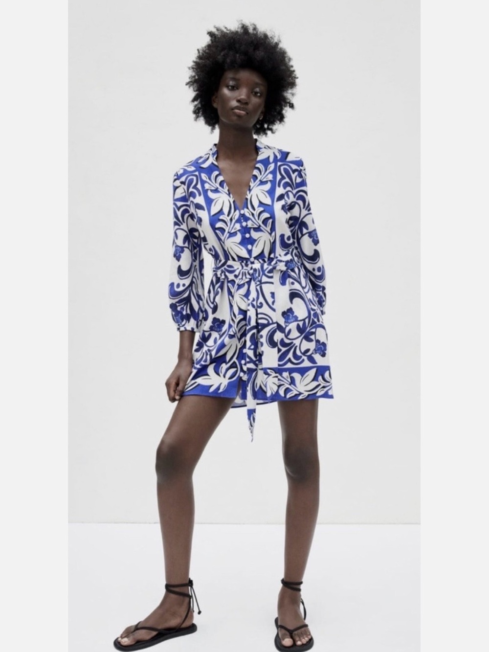 Zara Blue White Botanical Print Long Sleeve Button Down Mini Shirt Dress Medium